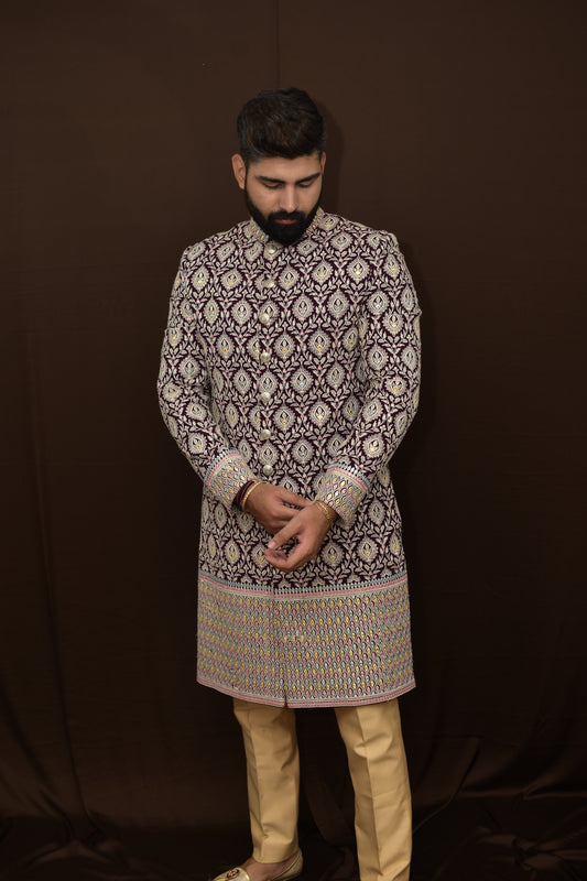 Thread Embraided Sherwani with faux mirror