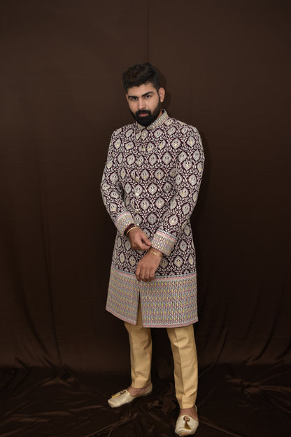 Thread Embraided Sherwani with faux mirror