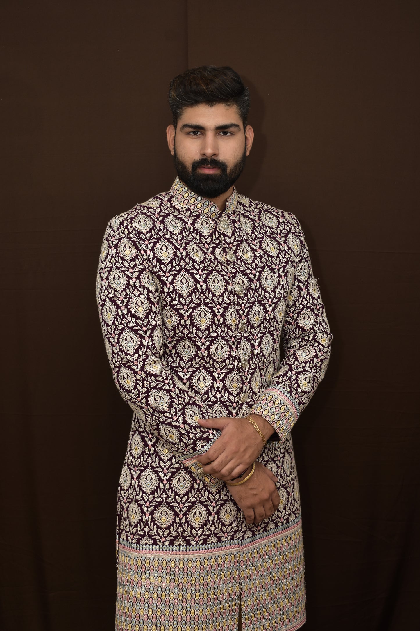 Thread Embraided Sherwani with faux mirror