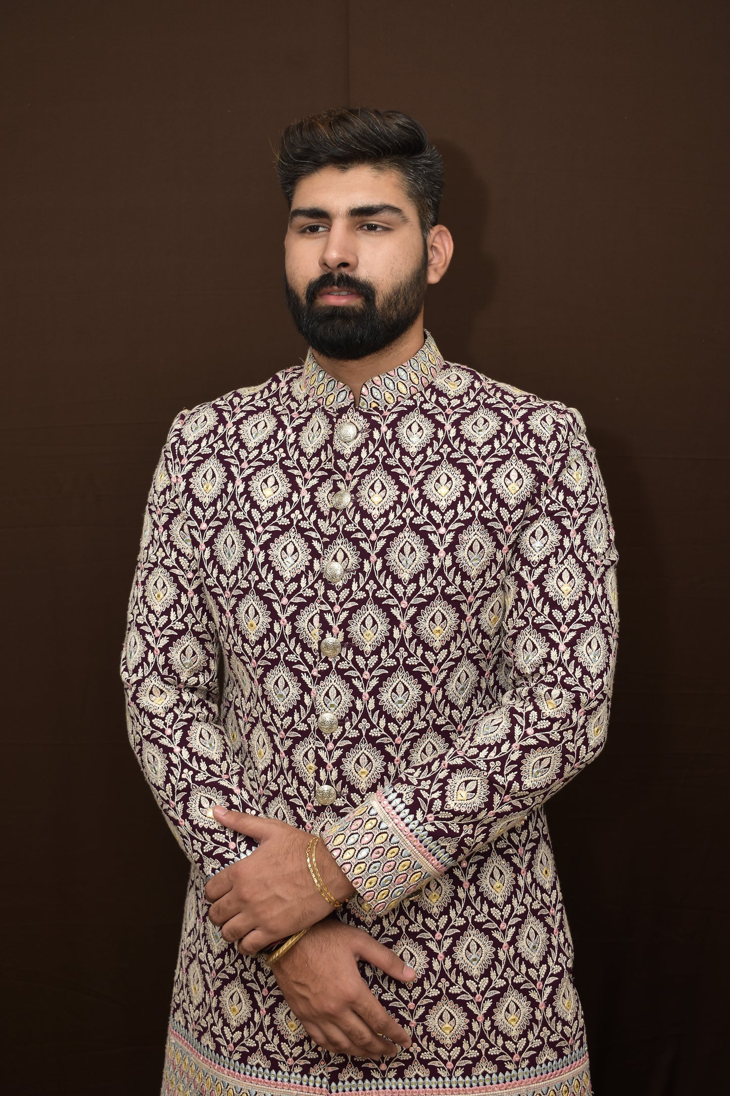 Thread Embraided Sherwani with faux mirror